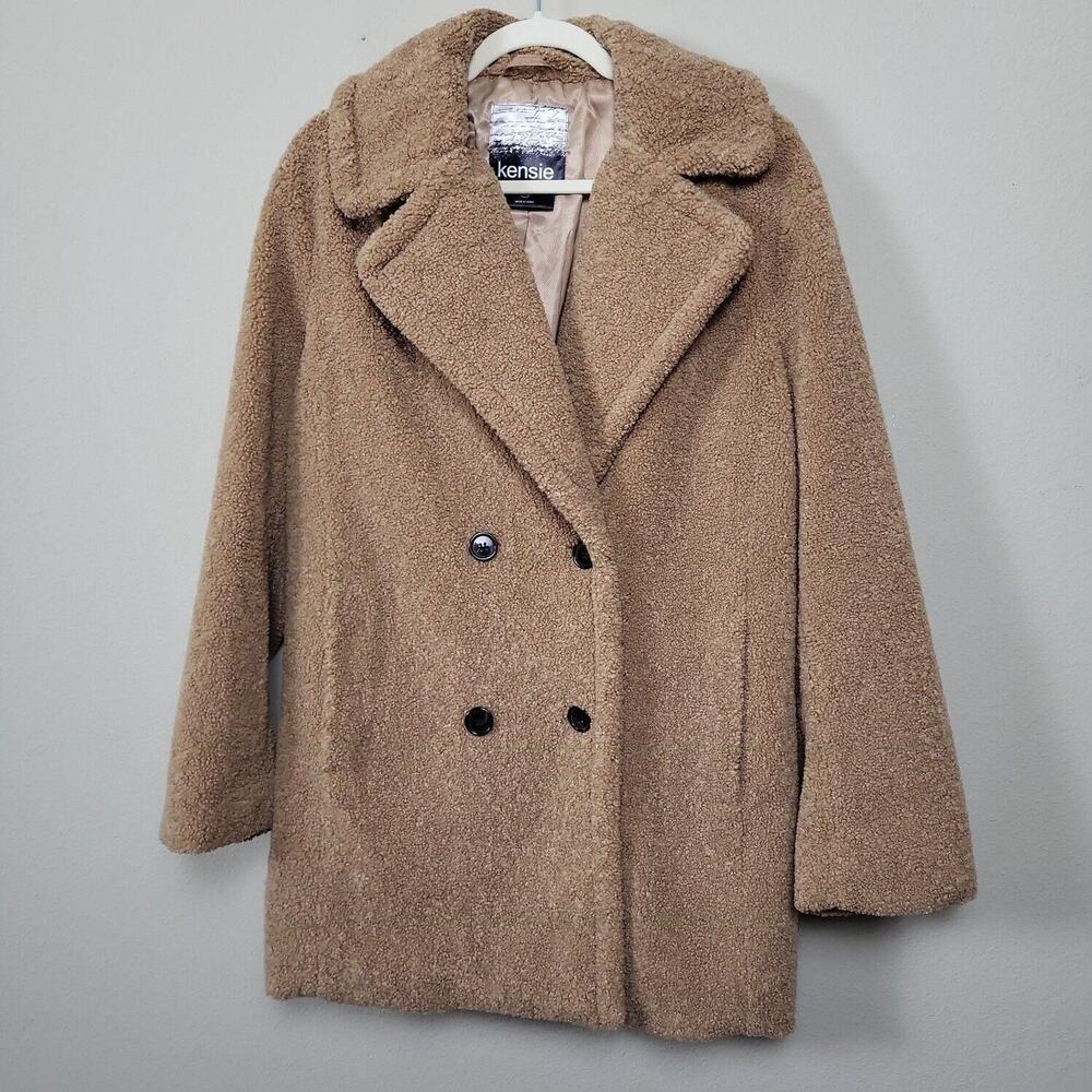 Kensie Womens Camel Faux Fur Double Breasted Teddy Bear Basic Jacket Size Medium